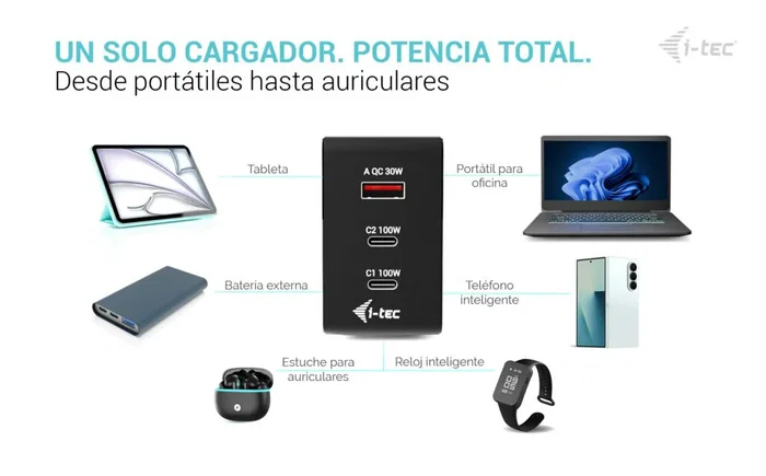 I-tec Cargador Inteligente 100 W Multiport con Pantalla LCD Negro