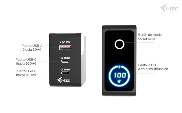 I-tec Cargador Inteligente 100 W Multiport con Pantalla LCD Negro