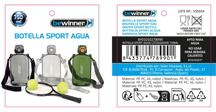 Inde Botella de Agua Deportiva c/Colgador 750 ml, Botella Reutilizable con Arnés, 21.8 cm (12 Unidades)
