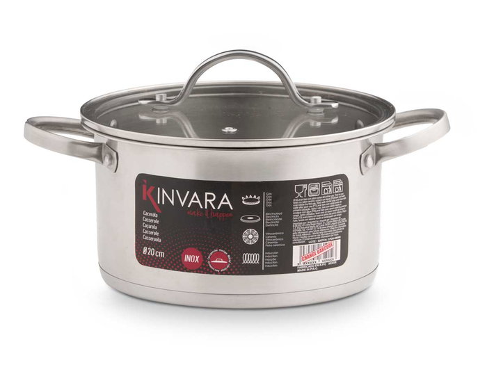Kinvara Cacerola de Inducción con Tapa de Cristal 20 cm, Dimensiones 27 x 20 x 16 cm, Color Plata, Acero Inoxidable 14/1 (Set de 6)