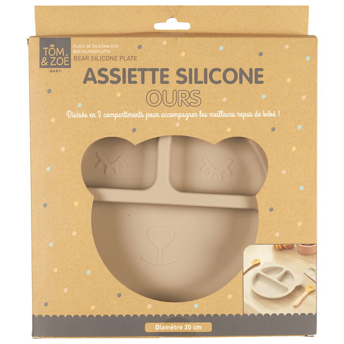 Tom et Zoe Plato Silicona Oso Gris Compartimentado Infantil Puericultura Ø 20 cm