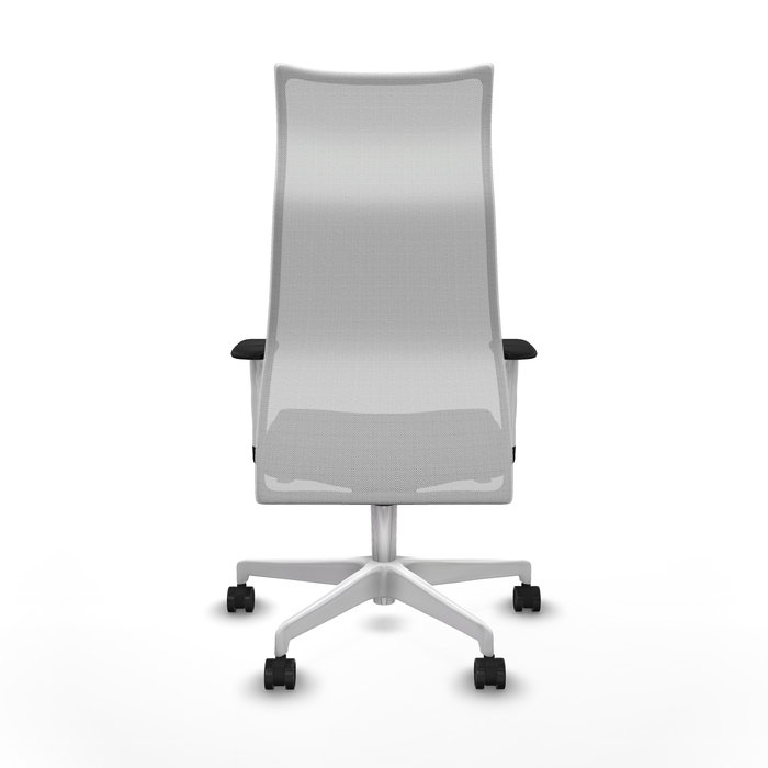 Sillón Albacete con mecanismo Sincro tapizada con Similpiel color Negro y malla color Blanco. Equipado con Base poliamida blanca, Brazos 1D y Ruedas 65mm nailon