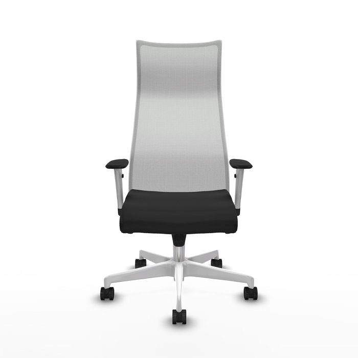 Sillón Albacete con mecanismo Sincro tapizada con Similpiel color Negro y malla color Blanco. Equipado con Base poliamida blanca, Brazos 1D y Ruedas 65mm nailon