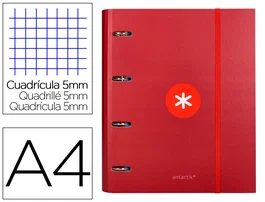 Antartik Carpeta A4 con Recambio Cuadro 5mm, 4 Anillas Redondas 40mm con Solapa, Color Frambuesa