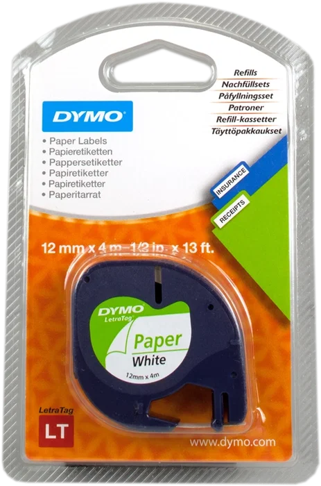 DYMO LetraTAG Cinta de papel para etiquetadora 12mm x 4m Negro sobre blanco