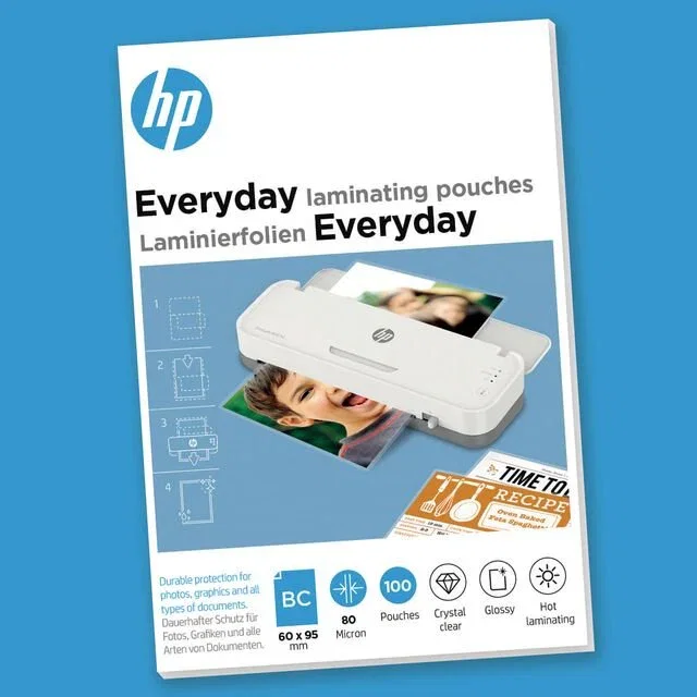 HP 9157 Plastificador - Bolsas para Plastificar Transparentes, Formatos: 60x95 mm, 70 mm, 100 mm, 22 mm - Everyday Business Card, 80 micrones
