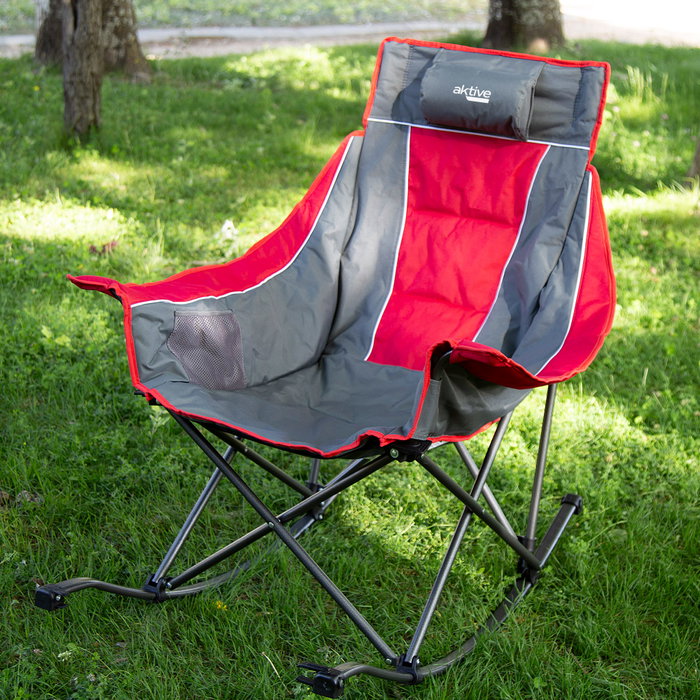 Aktive Silla mecedora plegable camping gris y roja con cojín y bolsillos