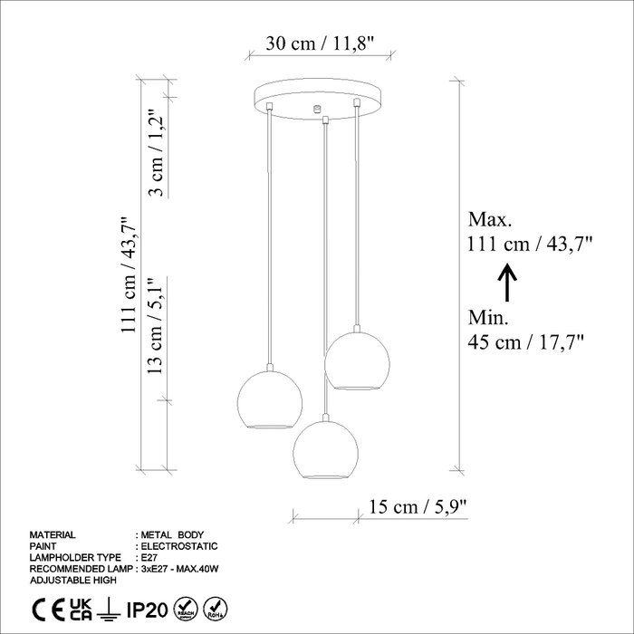 Opviq Lámpara de Araña Metálica Naranja 15 cm Diámetro, Altura Ajustable 45-111 cm Opviq Lámpara de Araña Metálica Naranja 15 cm Diámetro, Altura Ajustable 45-111 cm