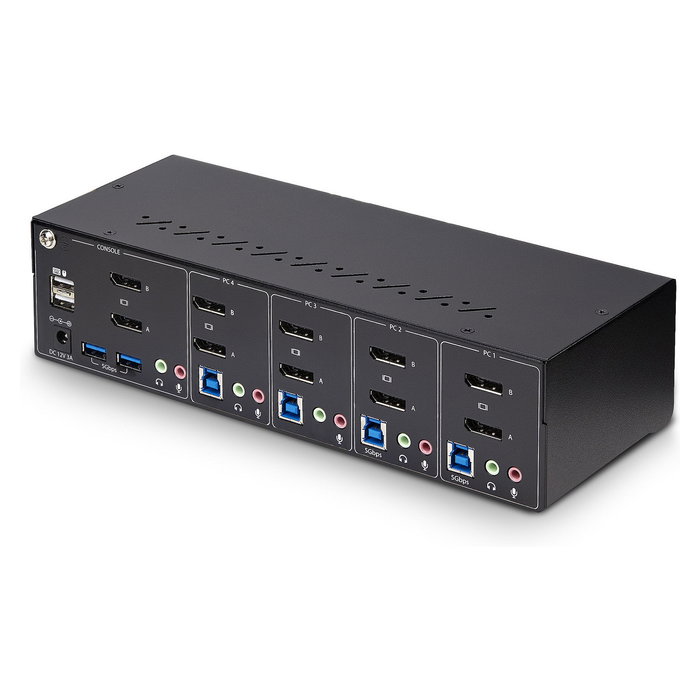 StarTech Conmutador KVM de 4 Puertos y 2 Monitores DisplayPort - 4K 60Hz - Switch 4 PC con USB 3.0, 2x USB 2.0 y Control por Hotkey/Botones