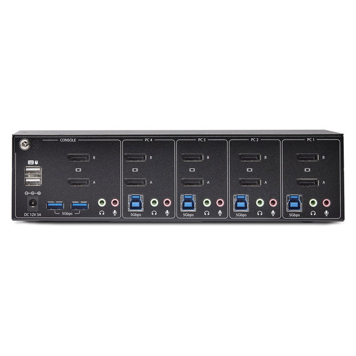 StarTech Conmutador KVM de 4 Puertos y 2 Monitores DisplayPort - 4K 60Hz - Switch 4 PC con USB 3.0, 2x USB 2.0 y Control por Hotkey/Botones