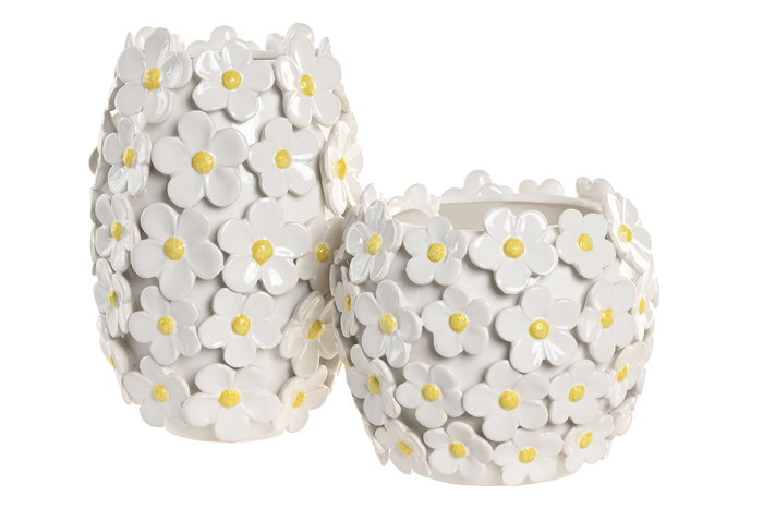 DKD Home Decor Jarrón Shabby Blanco Amarillo Margaritas Cerámica 21 x 18 x 21 cm