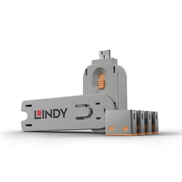 Lindy 40453 - Bloqueador de Puertos USB Tipo A con Llave, 4 Bloqueadores + 1 Llave, Color Naranja, ABS, 5 Piezas