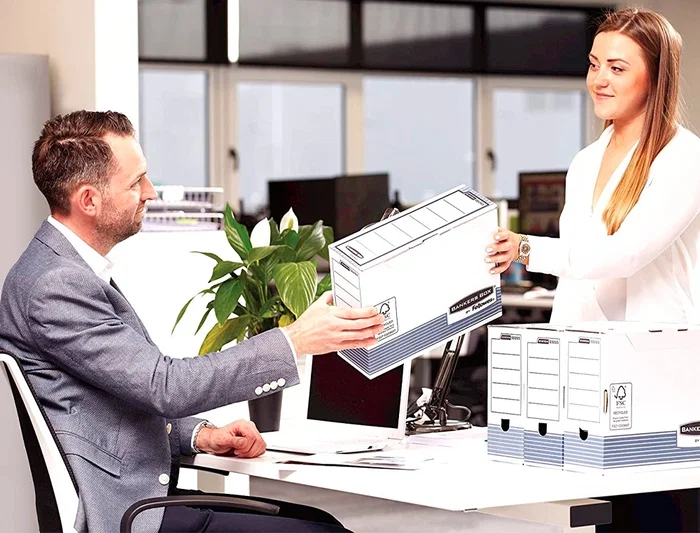 Fellowes Caja archivo definitivo A4, Cartón reciclado 100%, Lomo 100 mm, Montaje automático, Color azul