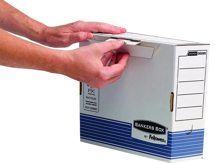 Fellowes Caja archivo definitivo A4, Cartón reciclado 100%, Lomo 100 mm, Montaje automático, Color azul