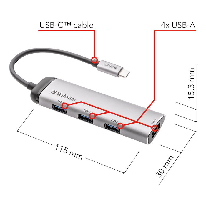 Verbatim USB-C Multiport Hub 4 puertos USB 3.2 Gen 1 Tipo A Verbatim USB-C Multiport Hub 4 puertos USB 3.2 Gen 1 Tipo A