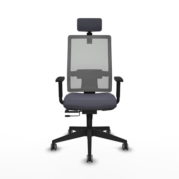 Silla de oficina Horna con mecanismo Sincro/Traslack tapizada con Tela color Gris oscuro y malla color Gris. Equipada con lumbar 1D, Brazos 1D, Cabecero 2D y Ruedas 65 mm parqué