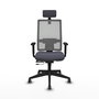 Silla de oficina Horna con mecanismo Sincro/Traslack tapizada con Tela color Gris oscuro y malla color Gris. Equipada con lumbar 1D, Brazos 1D, Cabecero 2D y Ruedas 65 mm parqué