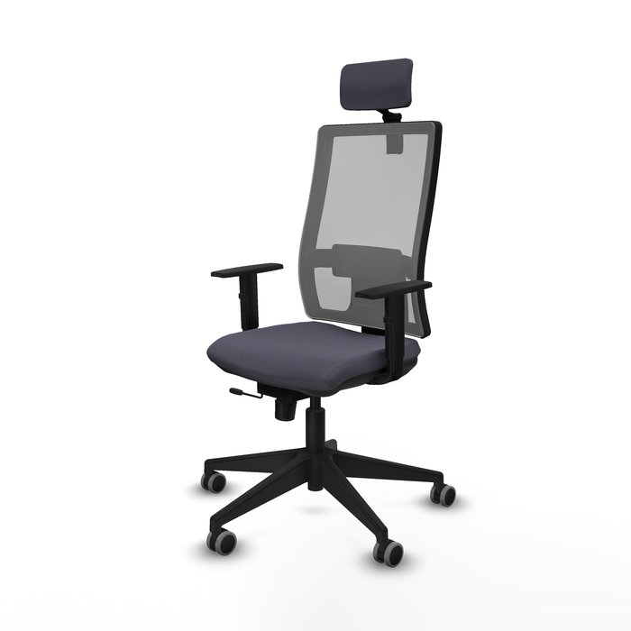 Silla de oficina Horna con mecanismo Sincro/Traslack tapizada con Tela color Gris oscuro y malla color Gris. Equipada con lumbar 1D, Brazos 1D, Cabecero 2D y Ruedas 65 mm parqué