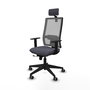 Silla de oficina Horna con mecanismo Sincro/Traslack tapizada con Tela color Gris oscuro y malla color Gris. Equipada con lumbar 1D, Brazos 1D, Cabecero 2D y Ruedas 65 mm parqué