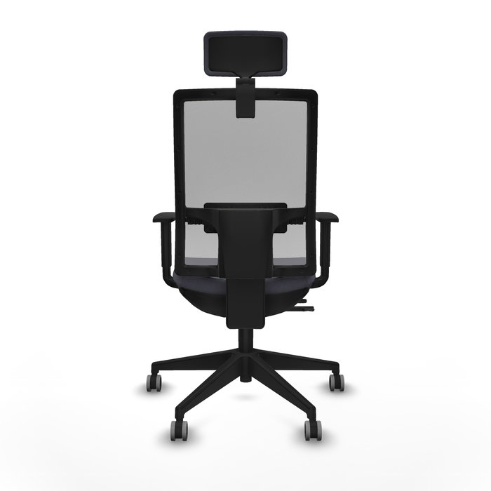 Silla de oficina Horna con mecanismo Sincro/Traslack tapizada con Tela color Gris oscuro y malla color Gris. Equipada con lumbar 1D, Brazos 1D, Cabecero 2D y Ruedas 65 mm parqué