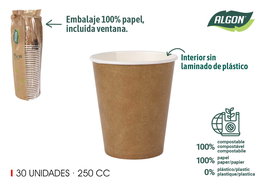 Algon Set 30 Vasos de Cartón Kraft 250 cc (8 cm Ancho x 9 cm Alto x 8 cm Largo) (20 Unidades)