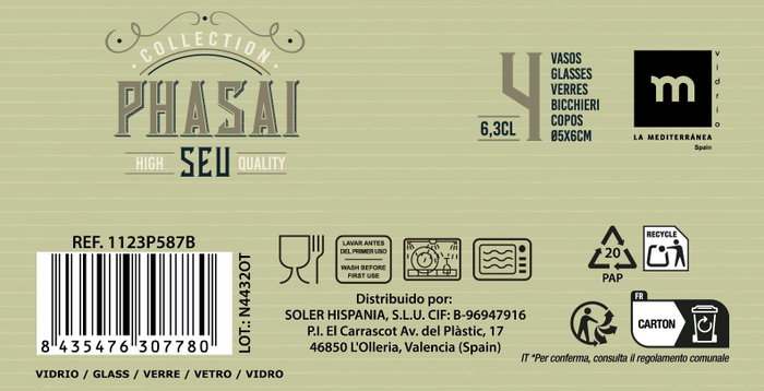 La Mediterranea Set 4 Vasos Chupitos 63ml Phasai Seu MD