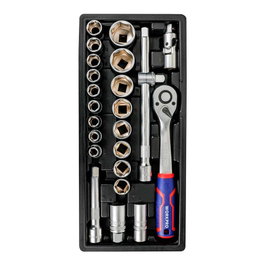 Workpro Juego de Carraca y Vasos 24 Piezas 1/2 Pulgada, Métrico, Incluye Llave, Vasos de 10 a 32mm, Extensión, Adaptador y Vasos para Bujía