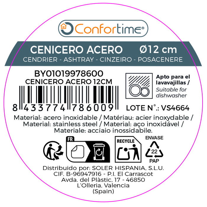 Confortime Cenicero de Acero de 12 cm (24 Unidades)
