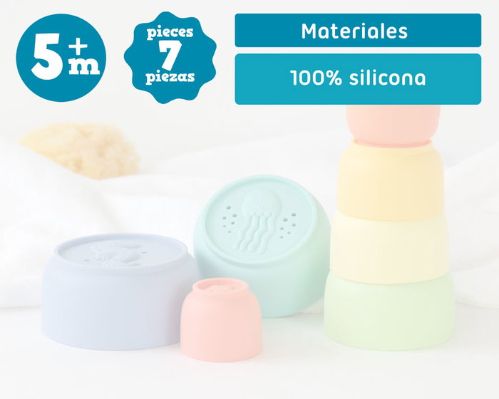 KioKids Set de 7 Cubos Apilables de Silicona para Baño de Bebé +5 Meses Juguete Sensorial Multicolor