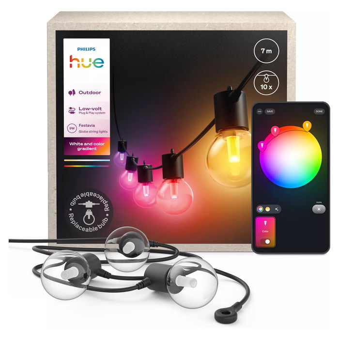Philips Hue Festavia Guirnalda de Luces Globo para Exterior, Blanco y Color Ambiance, 7m, 10 Lámparas, IP65, Control por App Hue, Cambio de Color, Zigbee/Bluetooth
