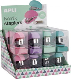 APLI PAPER Expositor Nordik Collection con 16 Grapadoras Pastel y 1000 Grapas
