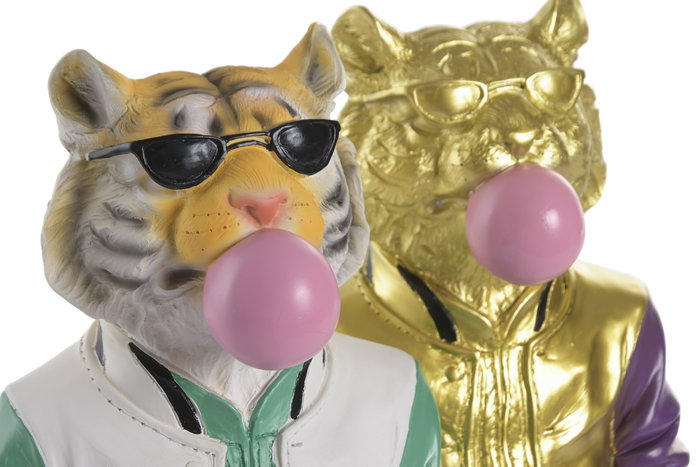 DKD Home Decor Figura de Resina Tigre Chicle Multicolor y Dorado