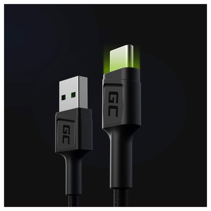 Green Cell KABGC06 - Cable de Carga USB 3.0 A a USB-C de 1.2m, Negro con Indicador LED Verde, 480 Mbit/s