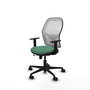 Silla de oficina Jorquera con mecanismo Sincro/Traslack tapizada con Tela color Verde esmeralda y malla color Blanco. Equipada con lumbar 1D, Brazos 1D y Ruedas 65mm nailon