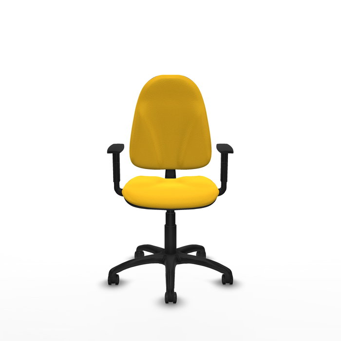 Silla de oficina Algarra con mecanismo Contacto permanente básico tapizada con Similpiel color Amarillo. Equipada con Base poliamida negra, Brazos 1D y Ruedas de parqué