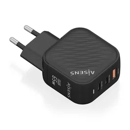 Aisens Cargador GaN 65W con 2xUSB-C PD3.0 QC4.0 y 1xUSB-A QC3.0 Negro