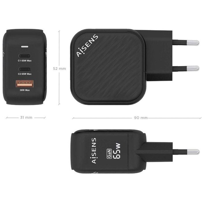 Aisens Cargador GaN 65W con 2xUSB-C y 1xUSB-A Negro Aisens Cargador GaN 65W con 2xUSB-C y 1xUSB-A Negro