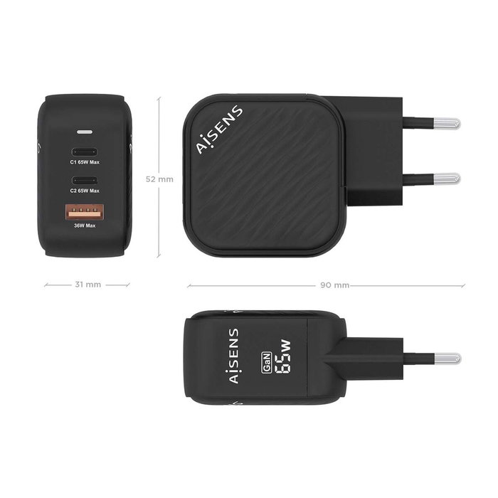 Aisens Cargador GaN 65W con 2xUSB-C y 1xUSB-A Negro Aisens Cargador GaN 65W con 2xUSB-C y 1xUSB-A Negro