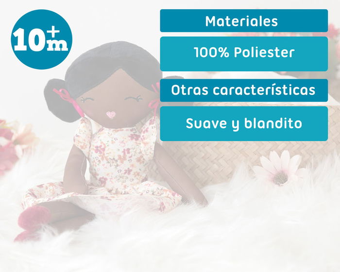 KioKids Muñeca de Trapo Morena con Vestido de Flores y Lacitos Rosas, 100% Poliéster, +10 Meses KioKids Muñeca de Trapo Morena con Vestido de Flores y Lacitos Rosas, 100% Poliéster, +10 Meses