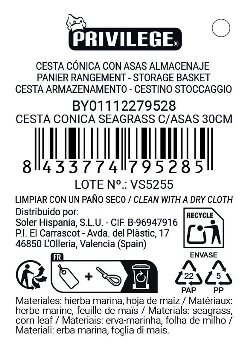 Inde Cesta Cónica Seagrass con Asas 30 cm (12 Unidades)