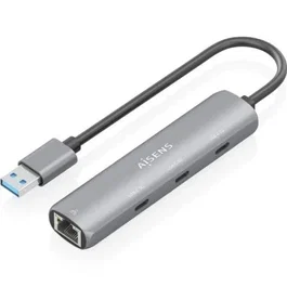 Aisens ASUC-4P037-GR Hub USB 3.0 a Ethernet Gigabit y 3xUSB-C 5G, Gris, 15cm