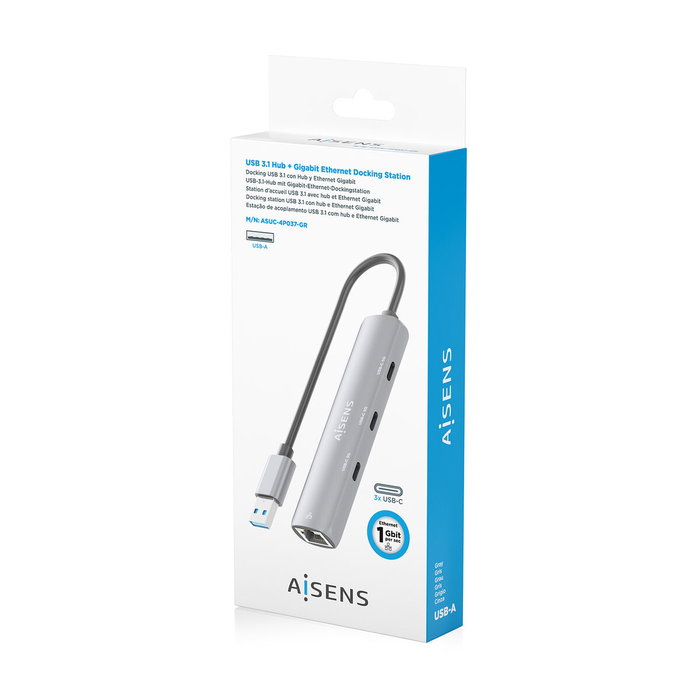 Aisens USB-A Docking Station Ethernet Gigabit y 3x USB-C, Gris