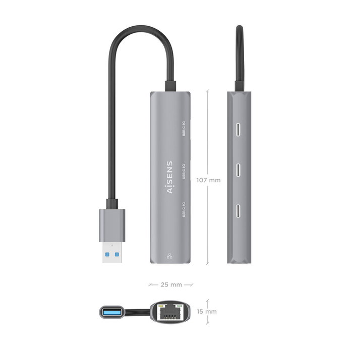 Aisens USB-A Docking Station Ethernet Gigabit y 3x USB-C, Gris