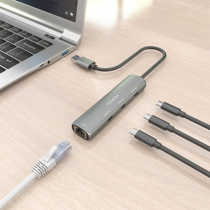 Aisens USB-A Docking Station Ethernet Gigabit y 3x USB-C, Gris