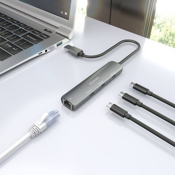 Aisens USB-A Docking Station Ethernet Gigabit y 3x USB-C, Gris