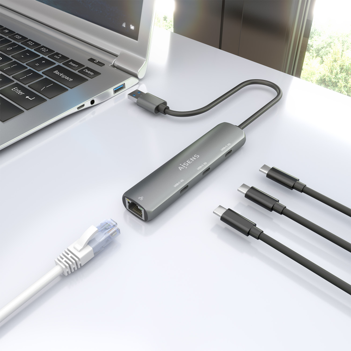 AISENS Dock USB-A a Ethernet Gigabit + Hub 3xUSB-C, Gris, 15cm, USB 3.0 AISENS Dock USB-A a Ethernet Gigabit + Hub 3xUSB-C, Gris, 15cm, USB 3.0