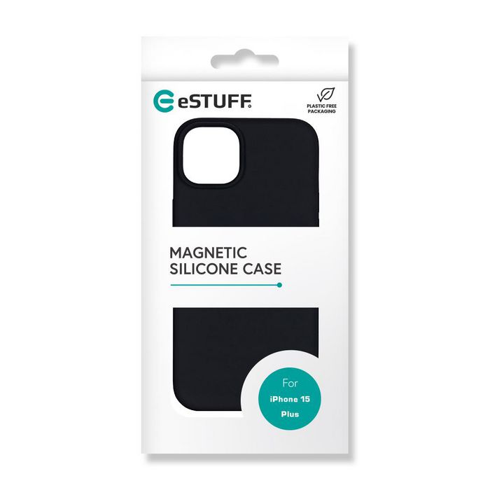 eSTUFF INFINITE ROME Funda magnética de silicona para iPhone 15 Plus - Negro - 81% material reciclado, con forro de microfibra y carga inalámbrica