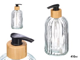 Berilo Dosificador de Vidrio Transparente con Tapa de Bambú para Cocina - Capacidad 410 ml - Dimensiones 7x19x7 cm (Set de 24)