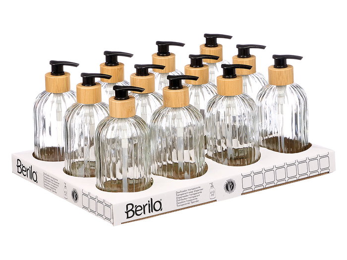 Berilo Dosificador de Vidrio Transparente con Tapa de Bambú para Cocina - Capacidad 410 ml - Dimensiones 7x19x7 cm (Set de 24)