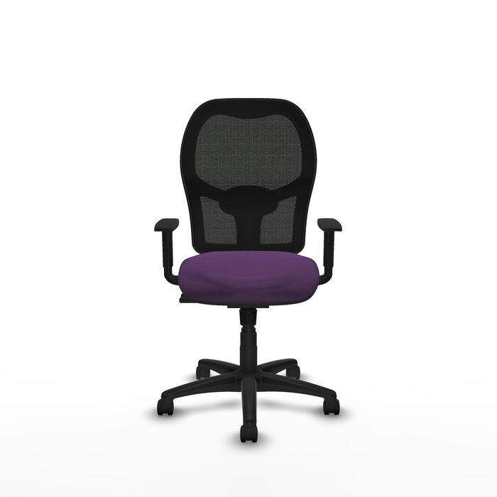 Silla de oficina Alocén con mecanismo Sincro tapizada con Tela color Morado y malla color Negro. Equipada con lumbar 1D, Brazos 1D y Ruedas de nailon 50 mm